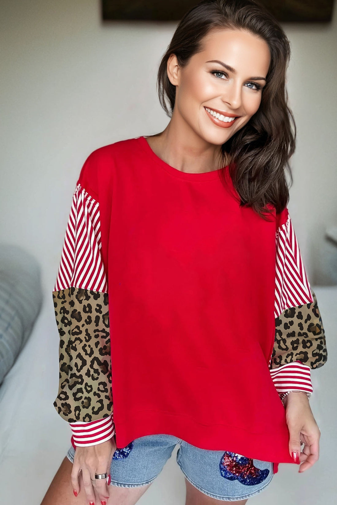 Racing Red Striped Patchwork Sleeve Colorblock Sweatshirt