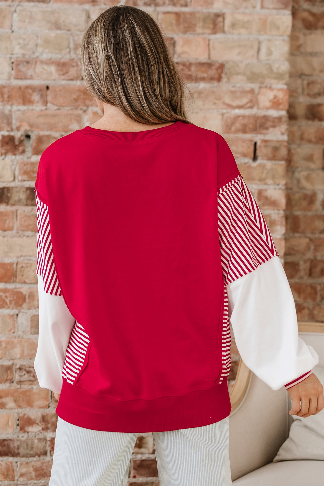 Fiery Red Striped Patchwork Sleeve Colorblock Sweatshirt