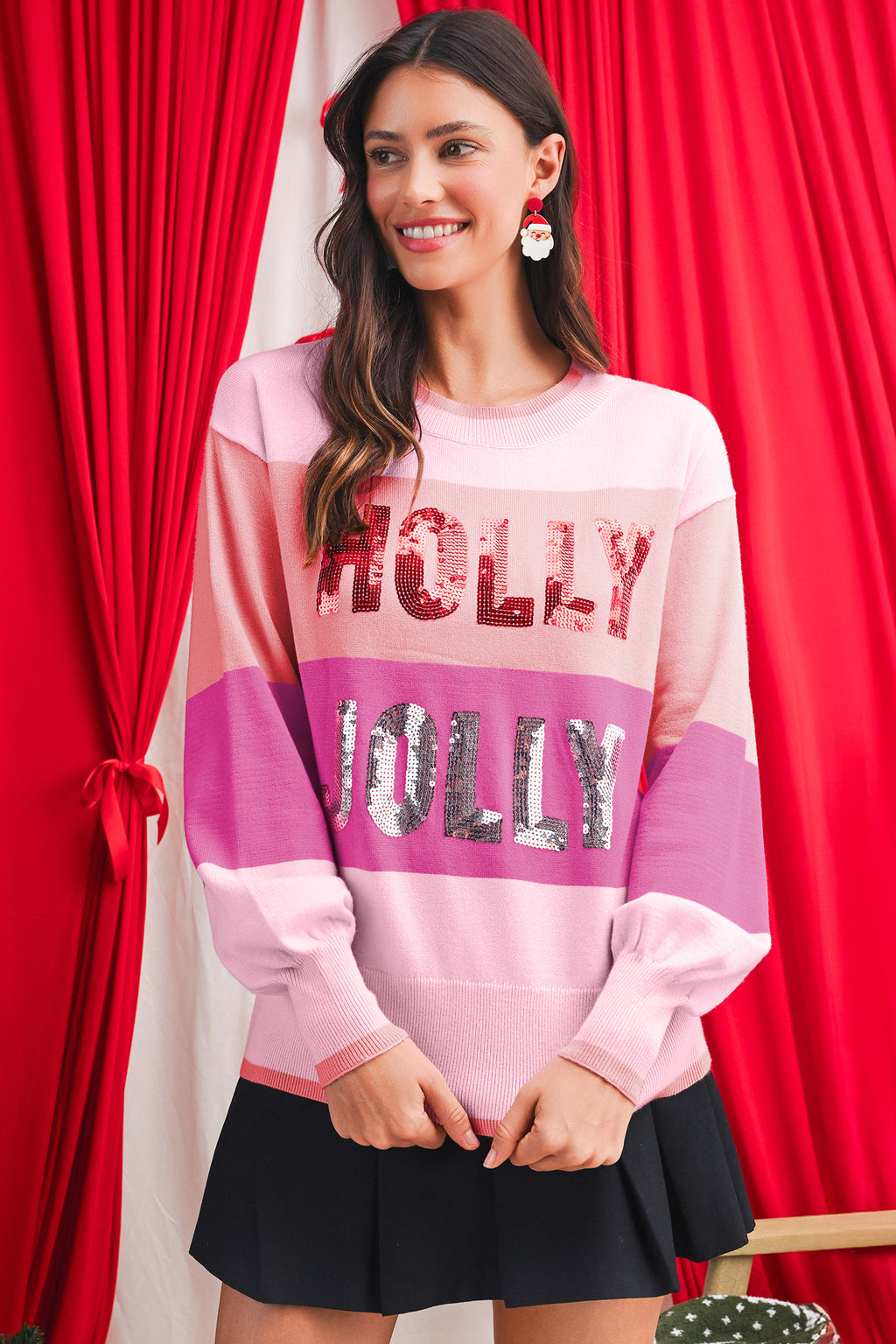 Green HOLLY JOLLY Sequined Colorblock Crew Neck Sweater