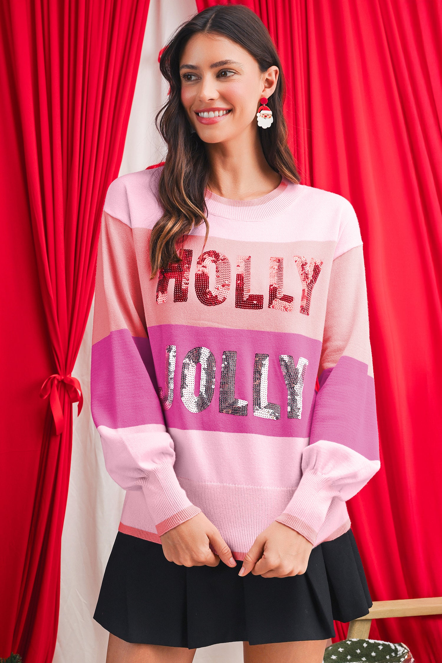 Green HOLLY JOLLY Sequined Colorblock Crew Neck Sweater