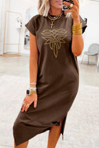 Red Sandalwood Rhinestone Western Graphic Side Slit Midi T-Shirt Dress