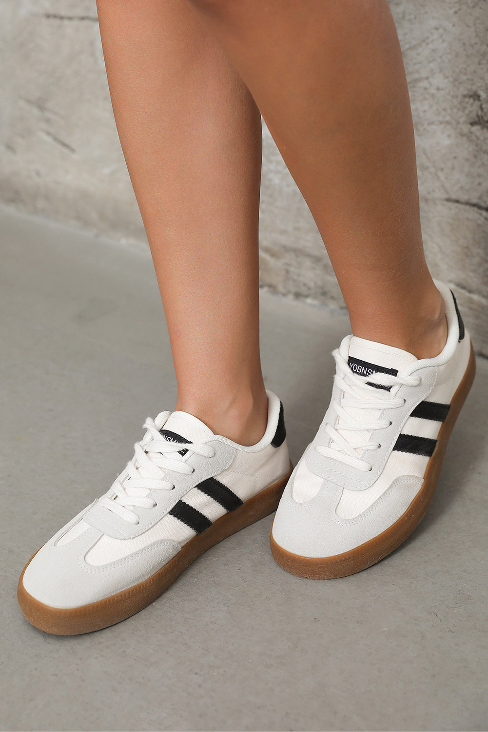 White Striped Lace Up Flat Sneakers