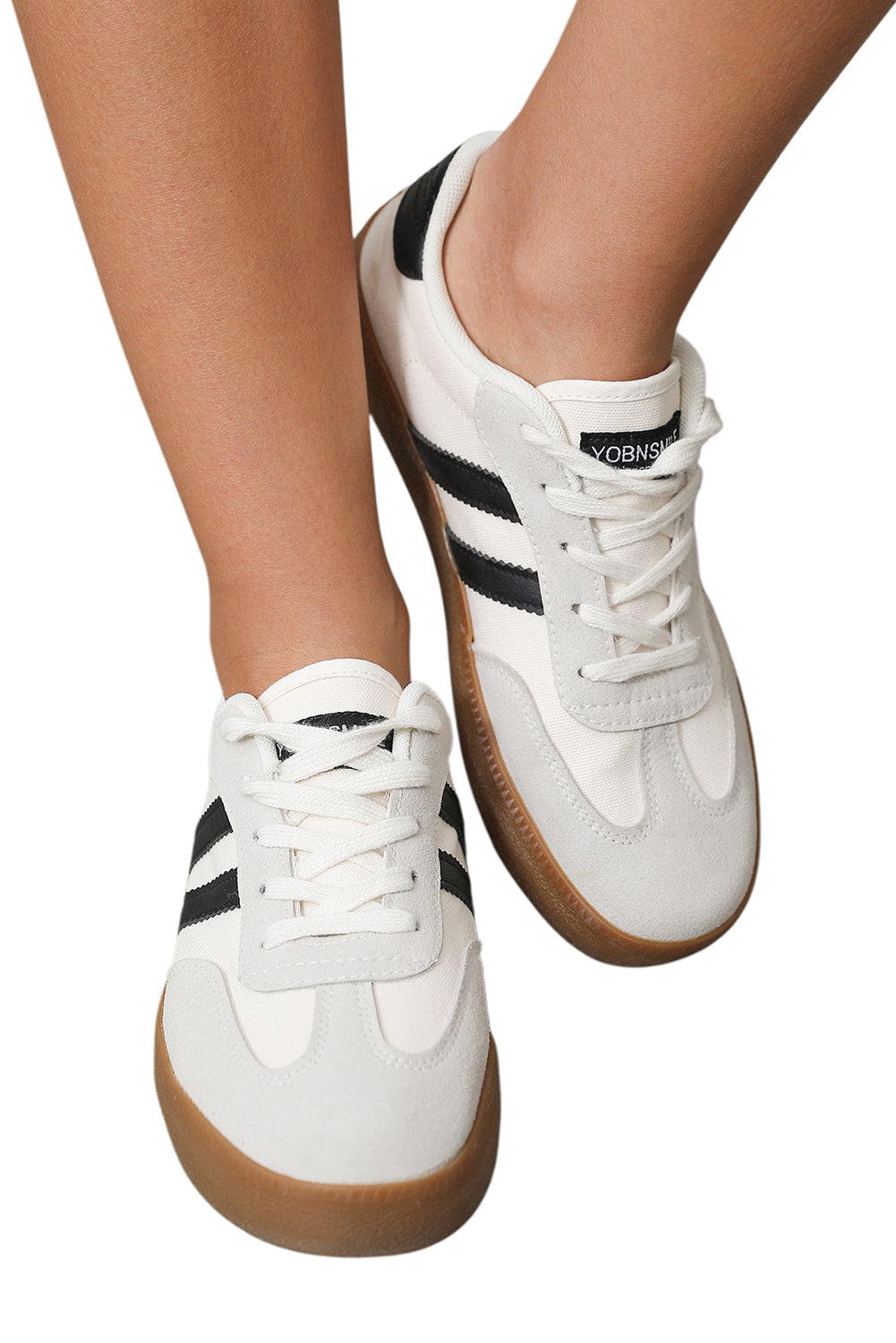 White Striped Lace Up Flat Sneakers