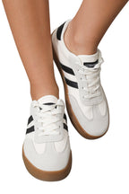 White Striped Lace Up Flat Sneakers