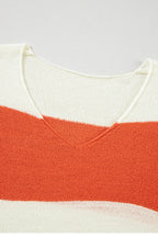 Red Stripe Colorblock V Neck Side Slits Sweater