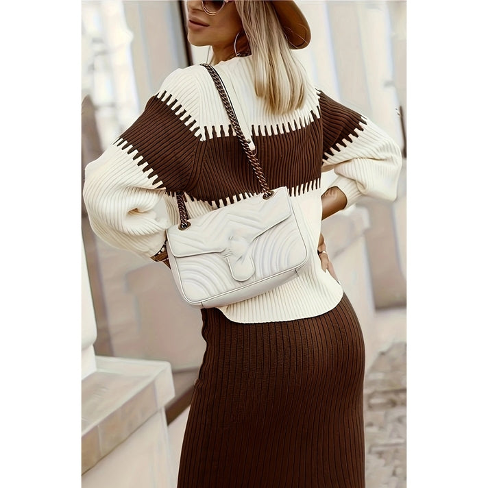 Color Block Drop Shoulder Elastic Knit Set
