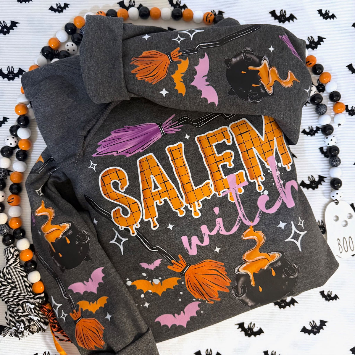 Salem Witch Halloween Dark Heather Gildan Hoodie