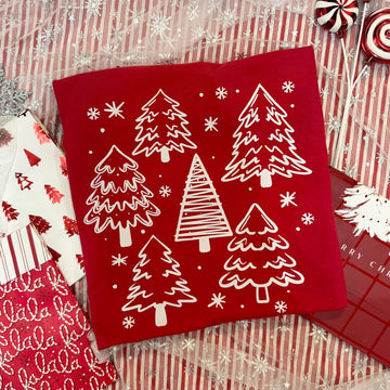 Christmas Trees & Snowflakes on Red Gildan Crewneck with sleeve prints