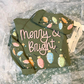 Merry & Bright Pastel Christmas Lights on Military Green Gildan Hoodie with sleeve prints