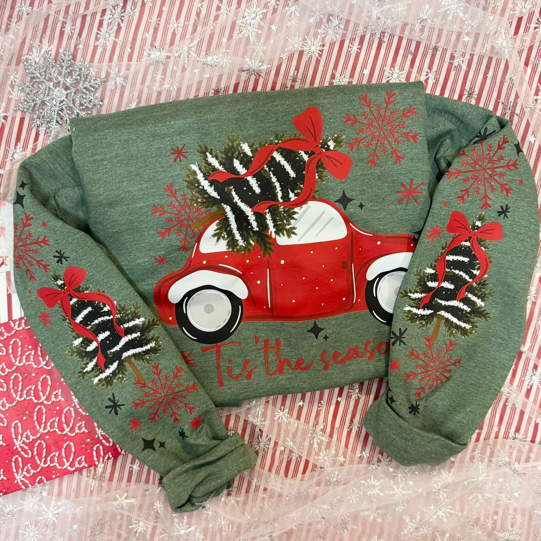 Christmas Tree Truck Tis the Season Heather Green Gildan Crewneck