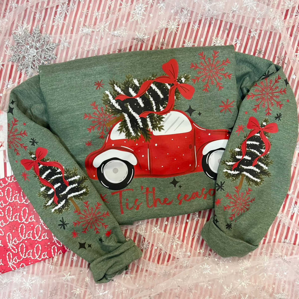 Christmas Tree Truck Tis the Season Heather Green Gildan Crewneck