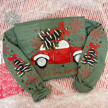 Christmas Tree Truck Tis the Season Heather Green Gildan Crewneck