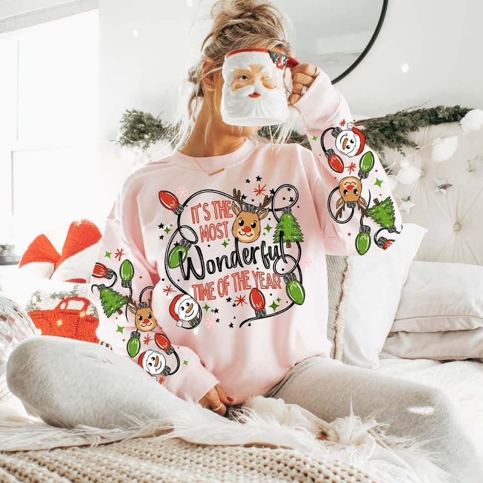 Most Wonderful Time of the Year Christmas Lights Light Pink Gildan Crewneck