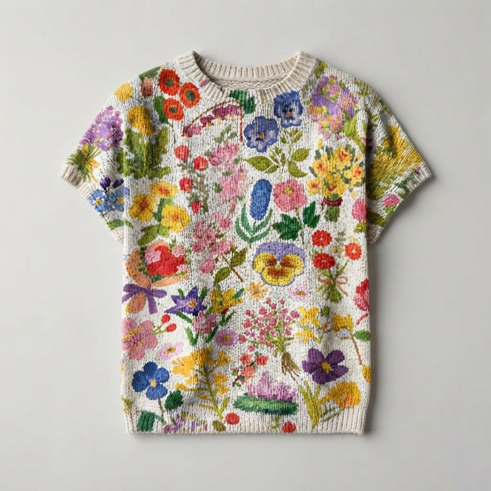 Floral Print Short-Sleeve Knit Sweater