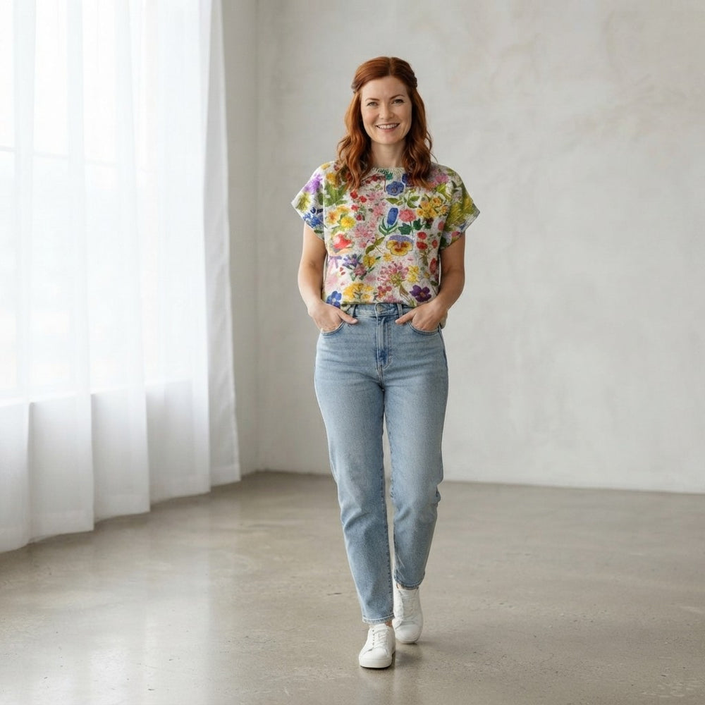 Floral Print Short-Sleeve Knit Sweater