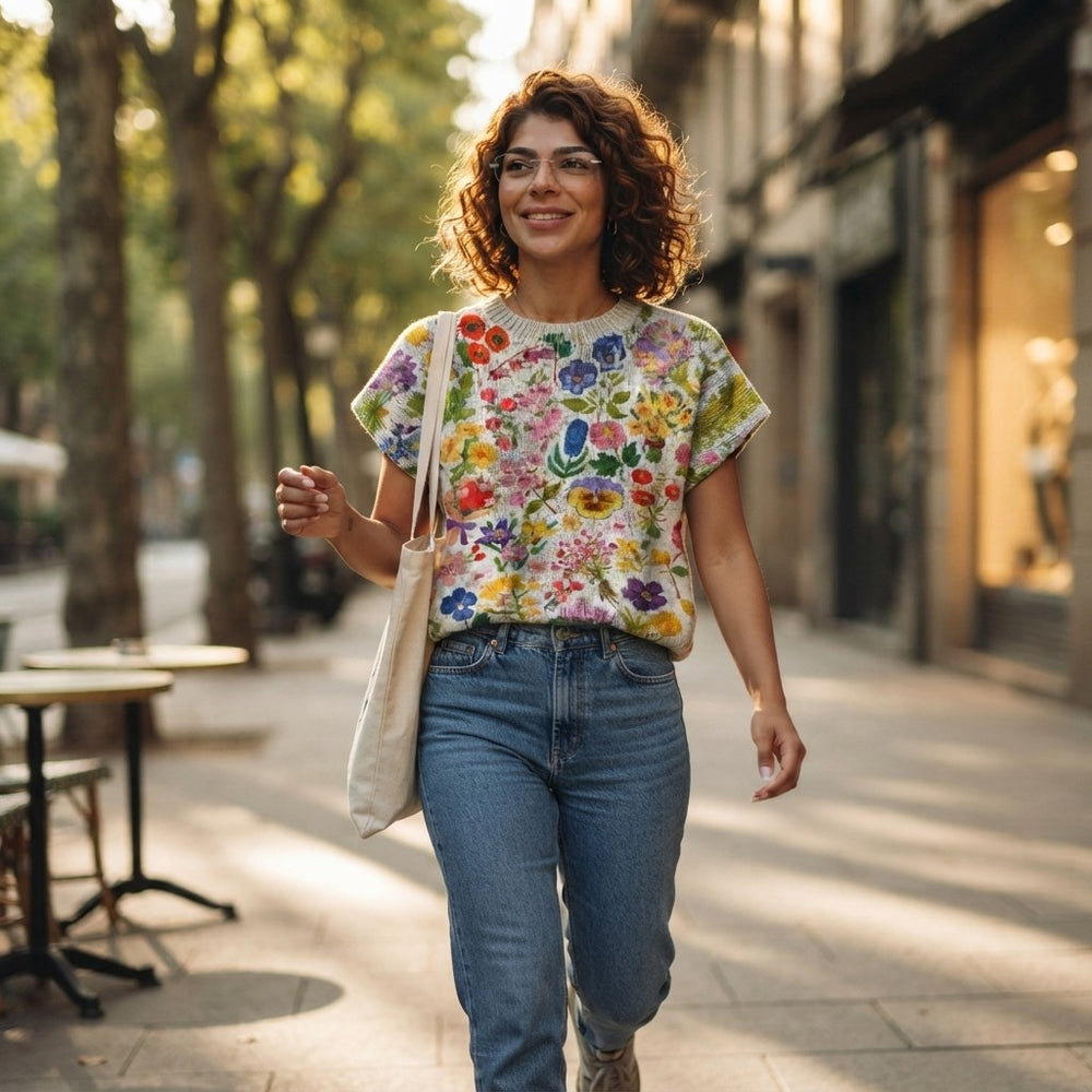 Floral Print Short-Sleeve Knit Sweater