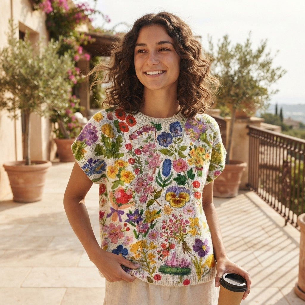 Floral Print Short-Sleeve Knit Sweater