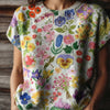 Floral Print Short-Sleeve Knit Sweater