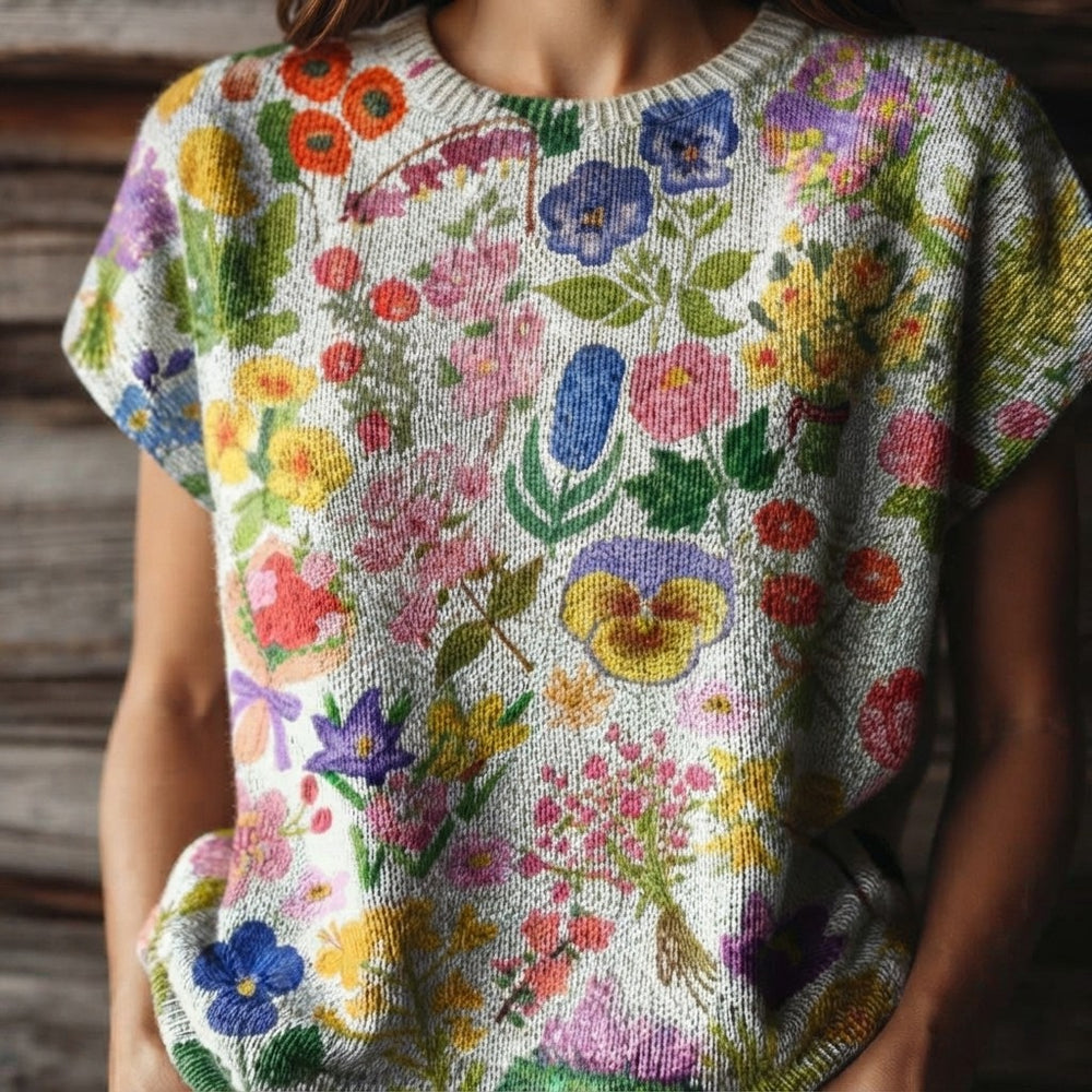 Floral Print Short-Sleeve Knit Sweater